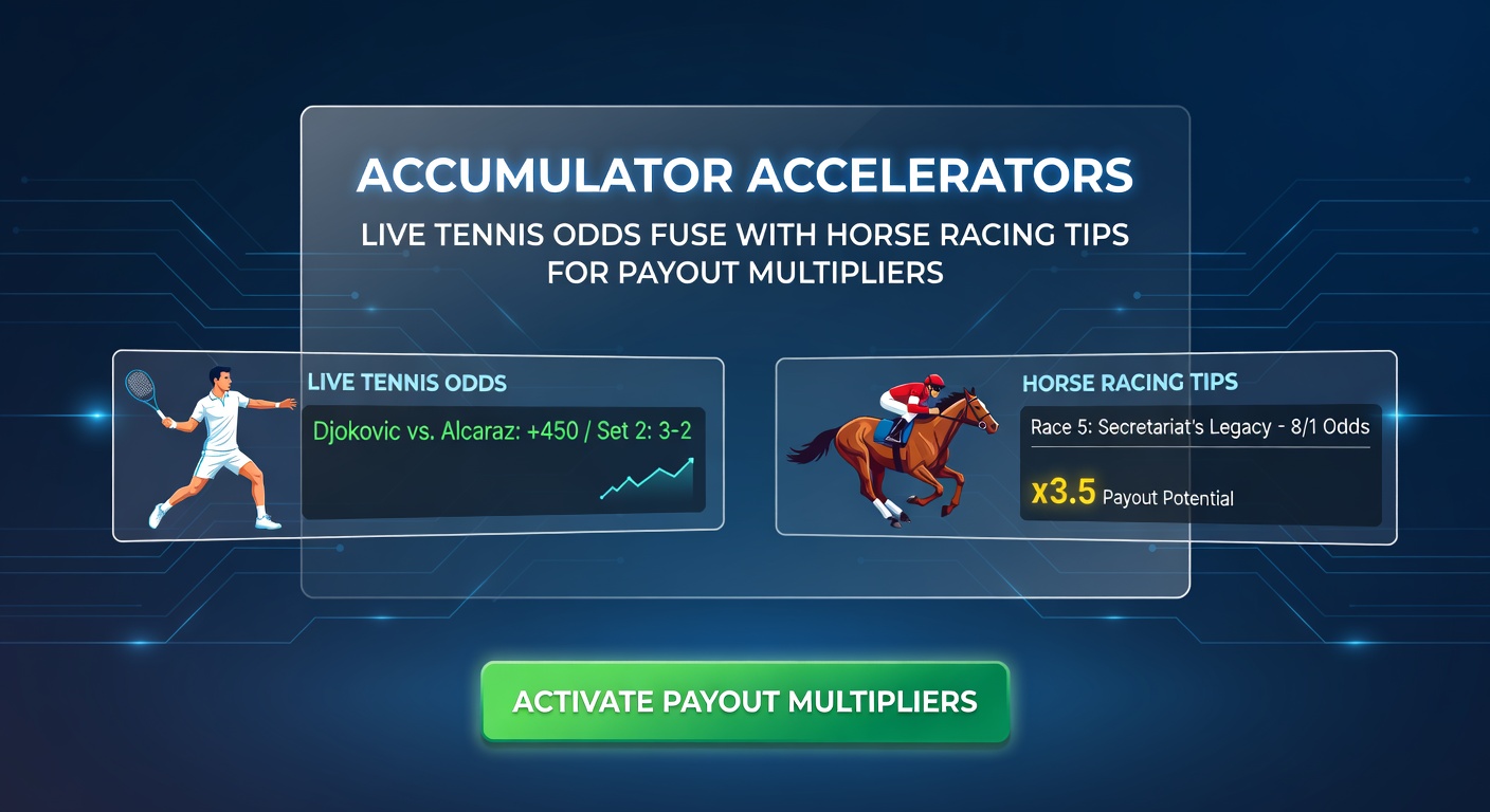 Vibrant scene of horse racing action overlaid with tennis court highlights, symbolizing cross-sport accumulator synergy