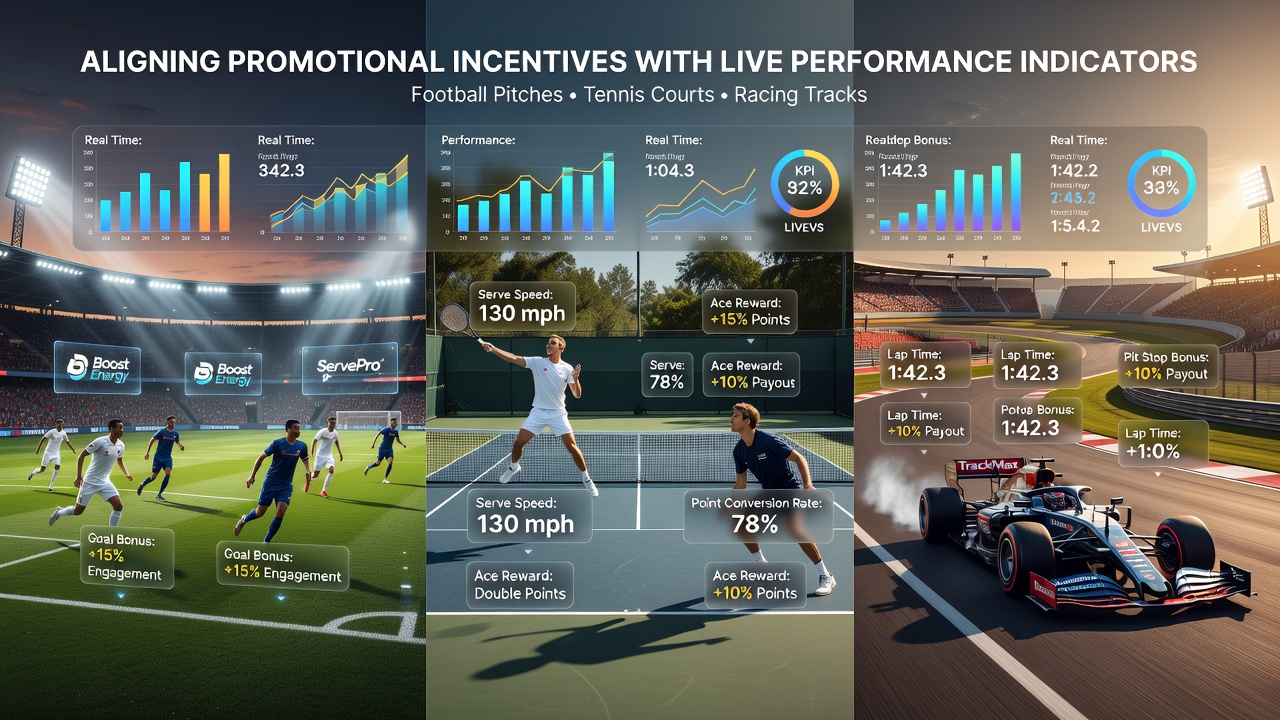 Live performance indicators displayed across football, tennis, and racing venues with promotional overlays