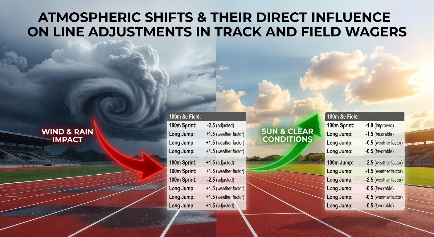 Track and field athletes competing under varying weather conditions with visible wind indicators and temperature displays at a stadium