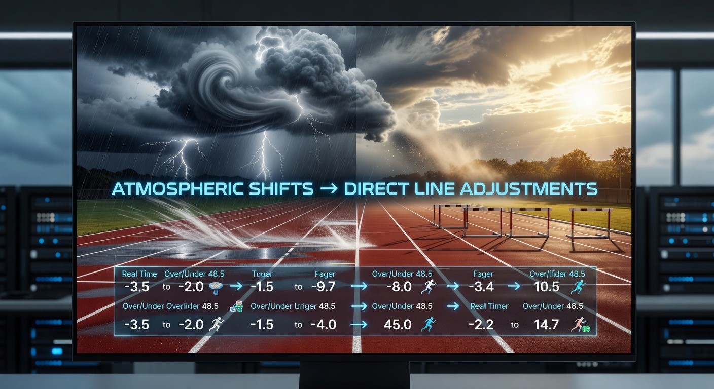 Athletes preparing for a high jump competition with atmospheric monitoring equipment and betting odds displayed on nearby screens