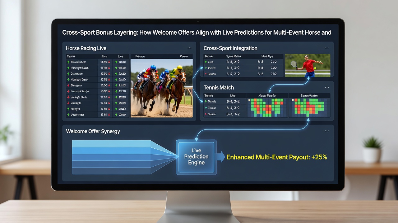 Live prediction dashboard displaying synchronized horse racing and tennis odds with bonus indicators for multi-event wagers