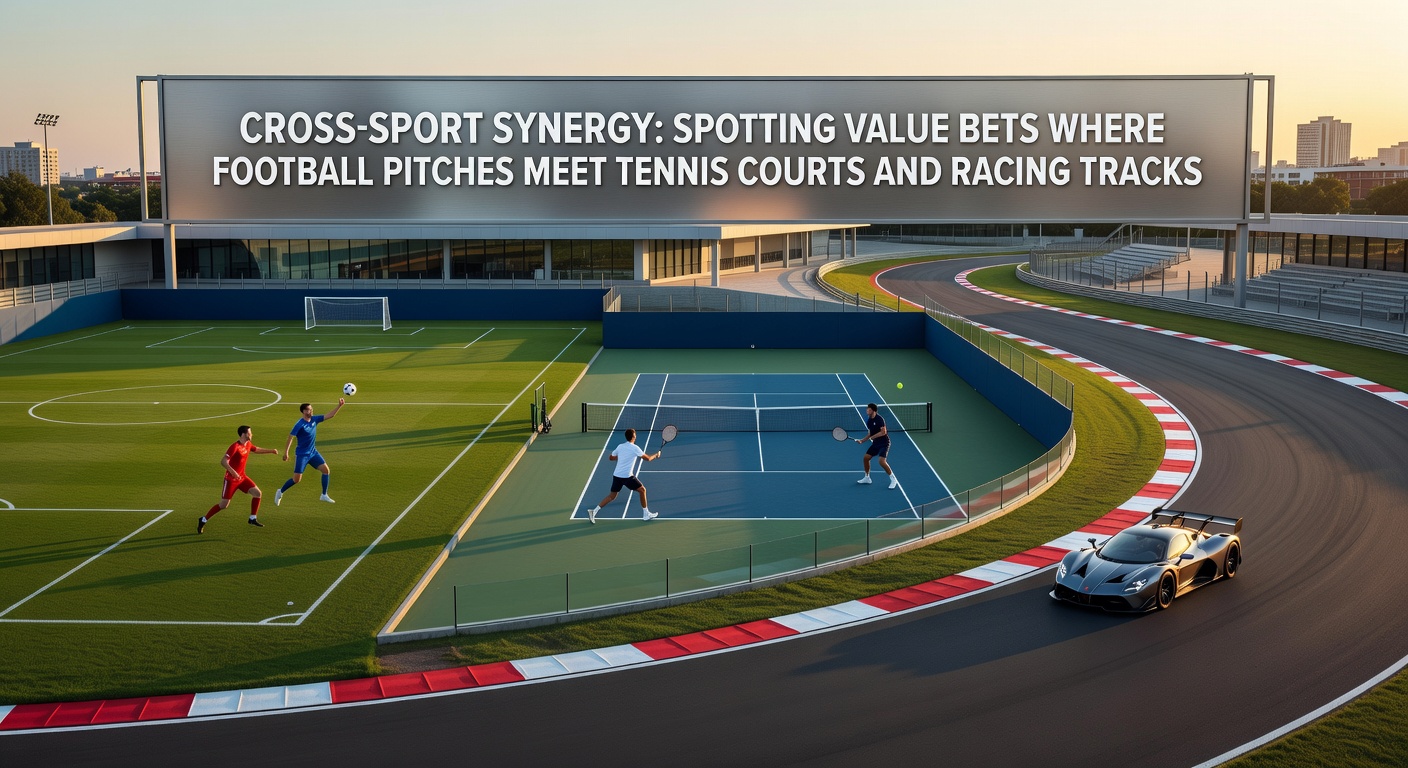 Collage of a football pitch, tennis court, and horse racing track converging in a dynamic betting synergy illustration