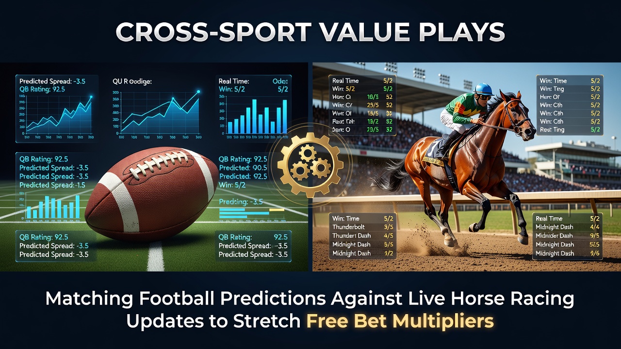 Football pitch overlaid with horse racing track showing cross-sport betting integration
