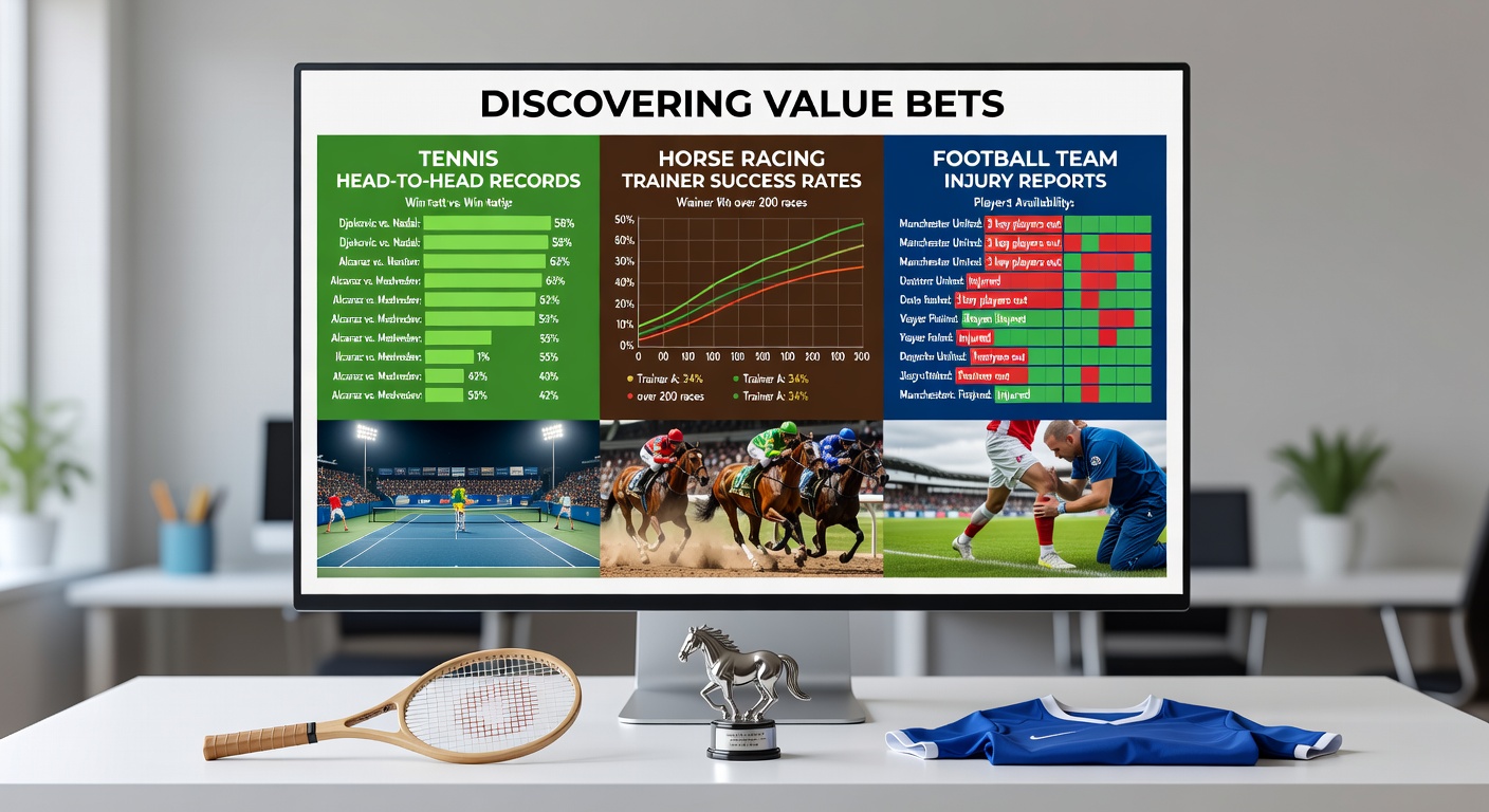 Tennis player serving on court with overlaid graphs of horse racing trainers and football injury icons, illustrating data combination for betting edges