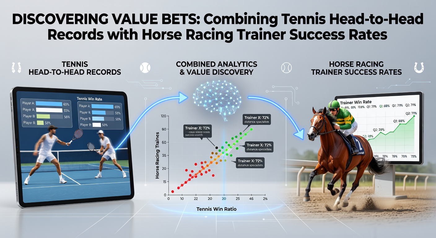 Horse racing trainer reviewing stats on a tablet beside tennis scoreboard and football injury report, symbolizing integrated betting analysis