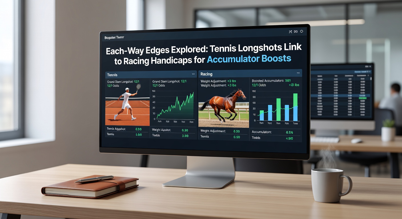 Horse racing handicap field thundering down the straight with tennis scoreboard overlay showing longshot odds