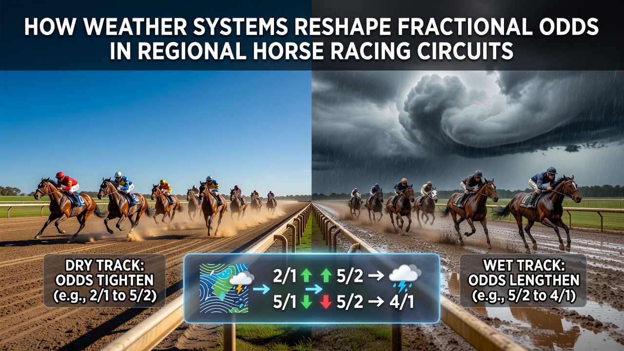 Regional horse racing track under changing weather conditions with visible track surface variations