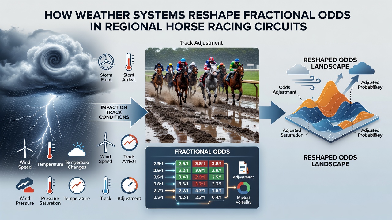 Bookmaker odds board displaying fractional odds during a regional horse racing meet affected by weather