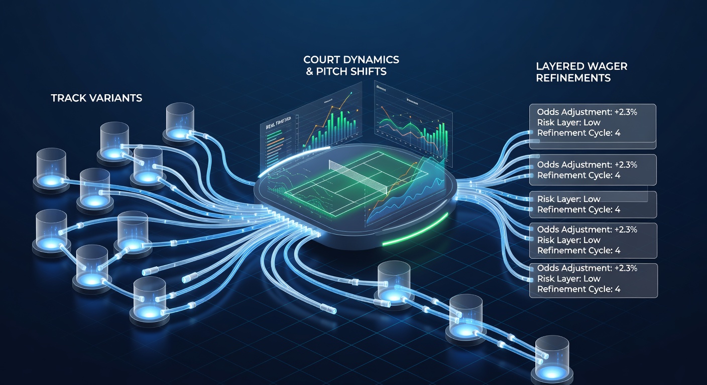 Data visualization showing interconnected pipelines between horse racing tracks, tennis courts, and football pitches with real-time metrics flowing into wager refinement models