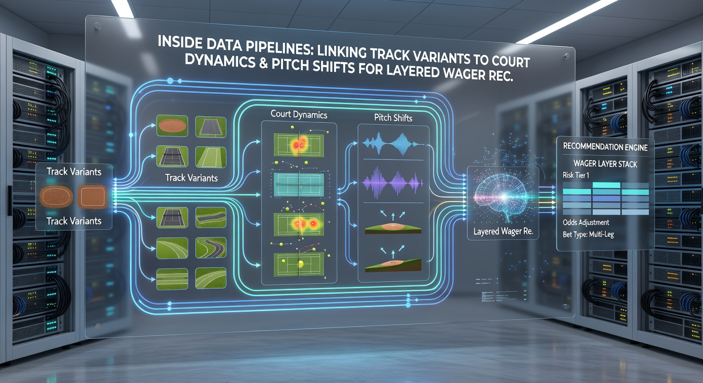 Flow diagram of multi-sport data integration where track, court, and pitch variables converge into accumulator refinement engines