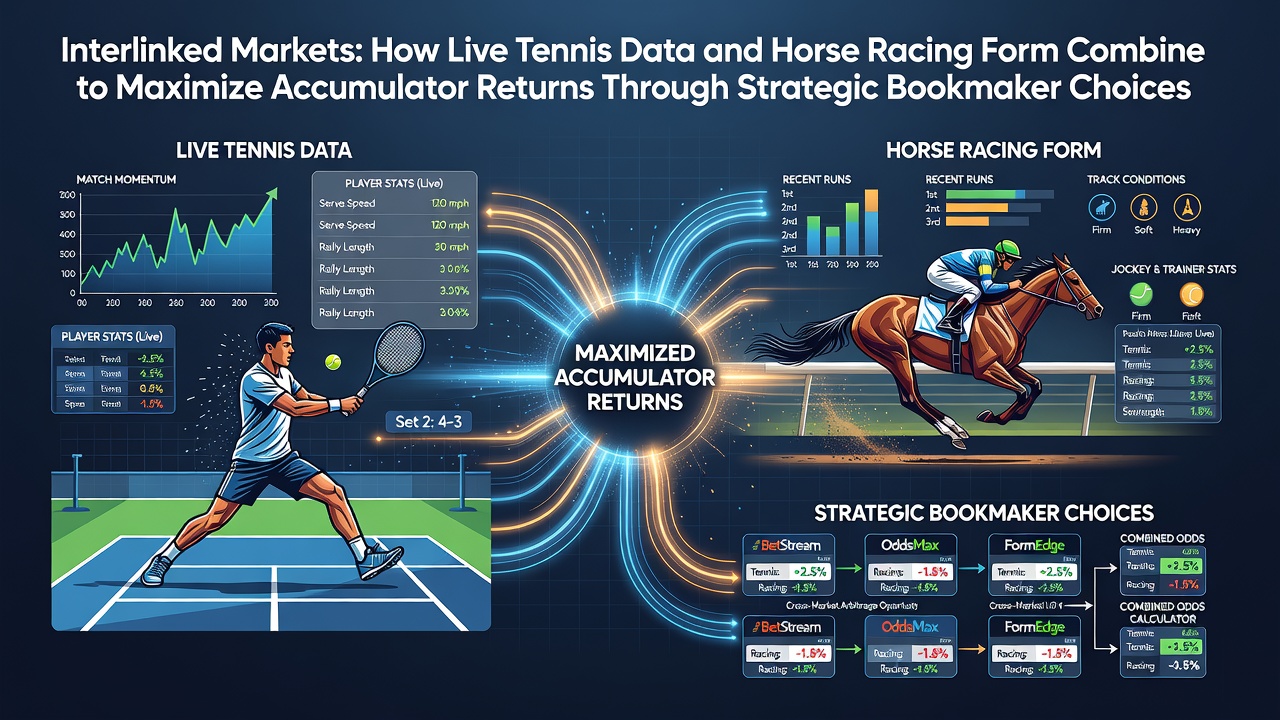 Live tennis match data displayed alongside horse racing form charts on a bookmaker platform