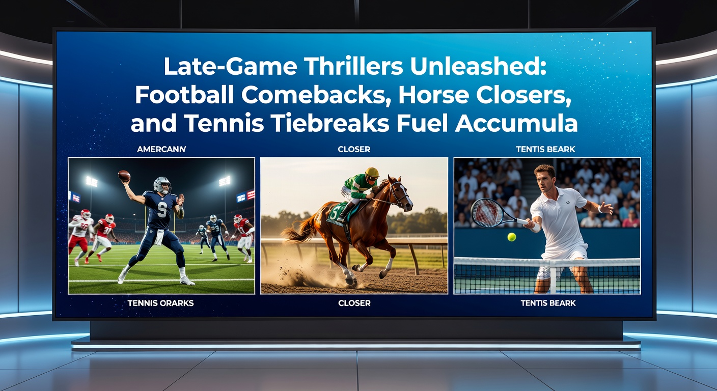 A horse charging late in a thrilling race finish, neck-and-neck with the leader as the crowd erupts