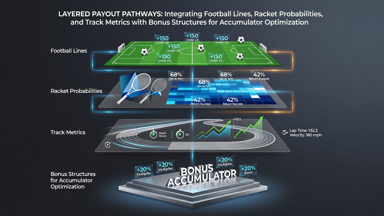 Diagram showing integration of football betting lines, tennis probabilities, and horse racing track metrics into accumulator pathways with bonus layers