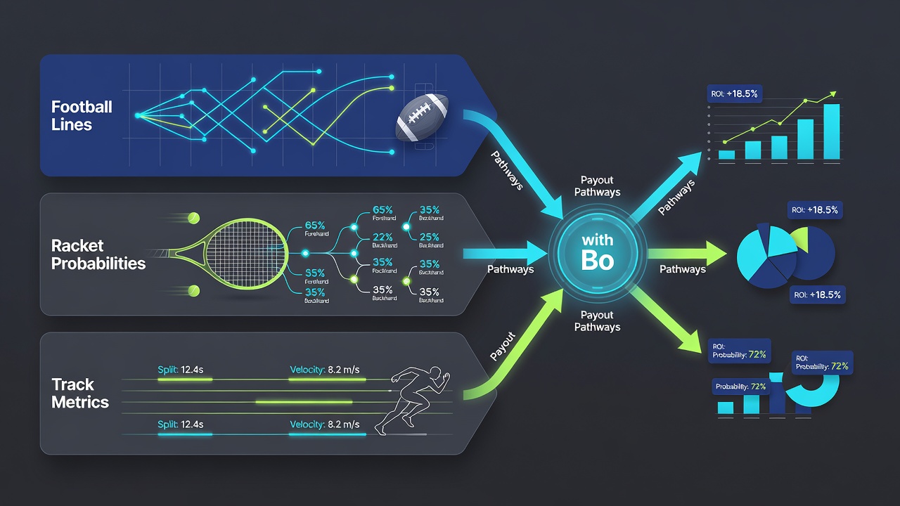 Infographic illustrating bonus activation points across football, tennis, and racing accumulator legs with payout pathway examples