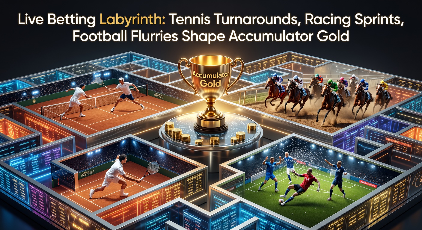 Dynamic live betting screen showing tennis match turnaround, horse racing sprint finish, and football goal flurry