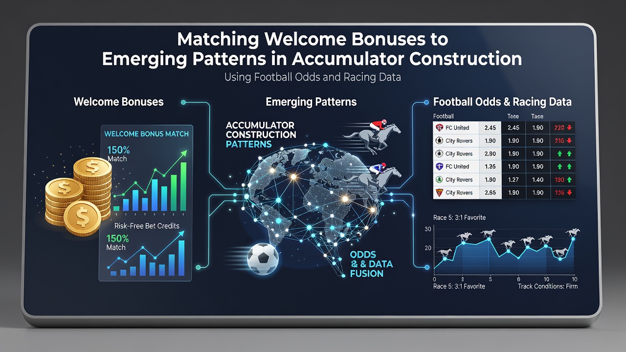 Accumulator betting patterns visualized with football and racing data overlays