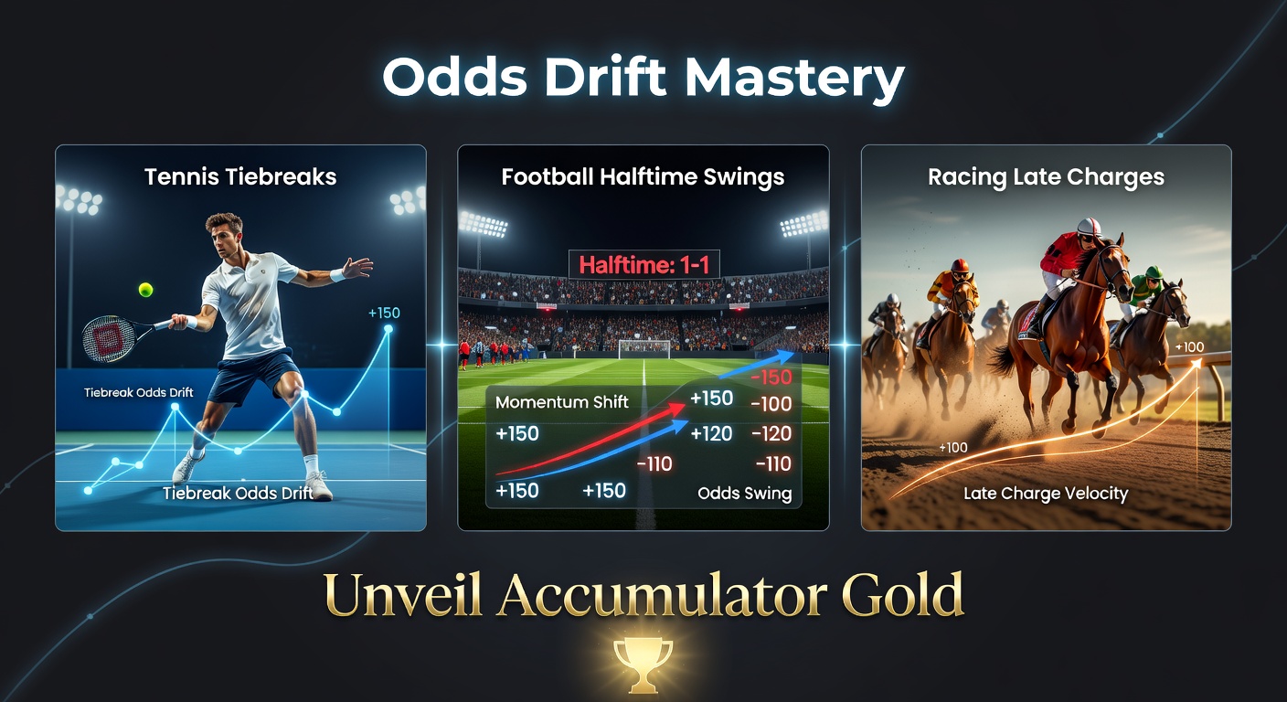 Dynamic split image showing a tense tennis tiebreak, football players celebrating a halftime goal, and a horse charging late in a race with overlaid drifting odds graphics
