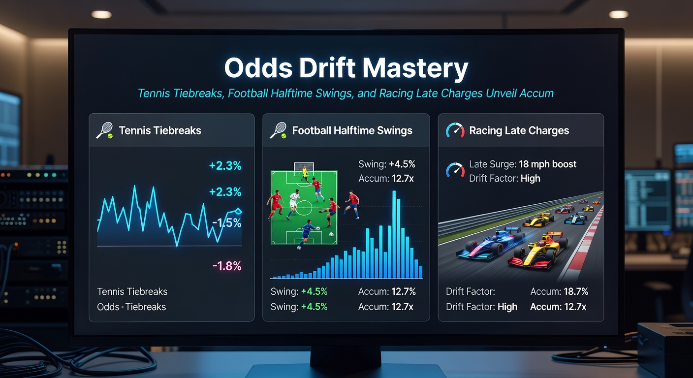 Collage of football halftime goal celebration, horse racing late charge overtaking leaders, and tennis player smashing a tiebreak winner with odds drift arrows
