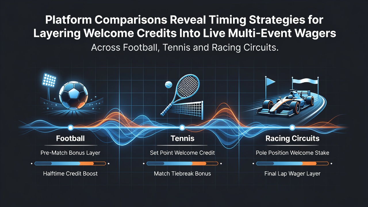 Platform interface showing layered welcome credits applied to live football, tennis, and racing wagers