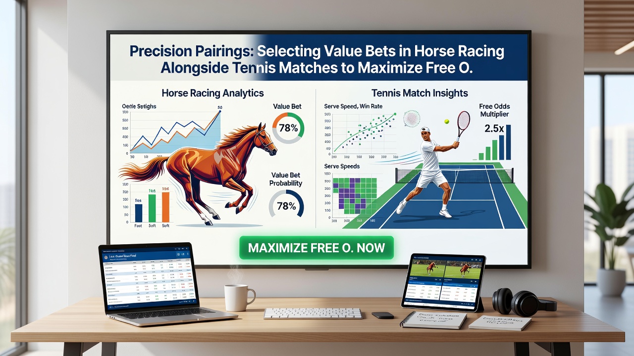Tennis player serving with live odds display and horse racing statistics side by side