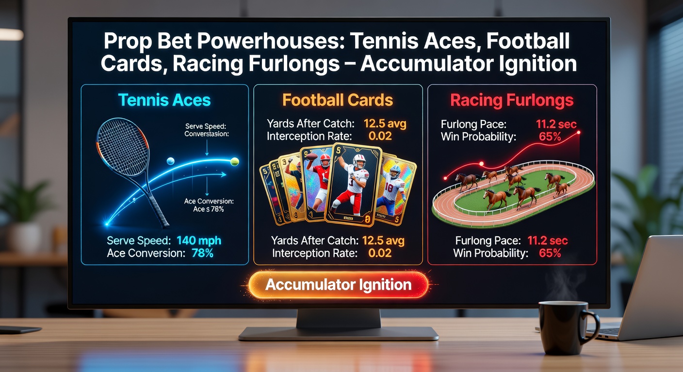 Close-up action shots of a tennis player celebrating an ace, a soccer player receiving a red card, and horses thundering through a furlong in a race, capturing prop bet excitement