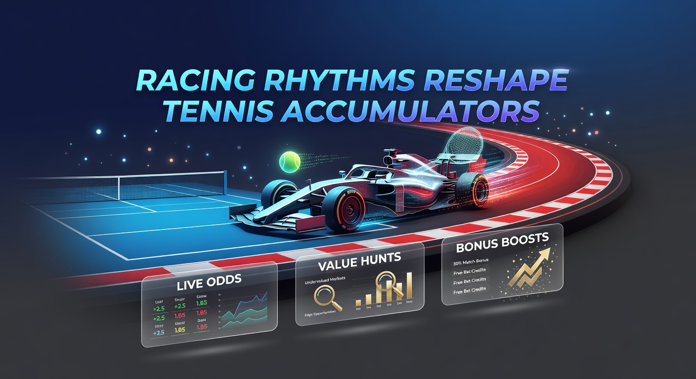 Dynamic split-screen image showing a horse racing track in full sprint alongside a tennis court with players mid-serve, overlaid with fluctuating live odds displays and accumulator bet slips highlighting boosted payouts