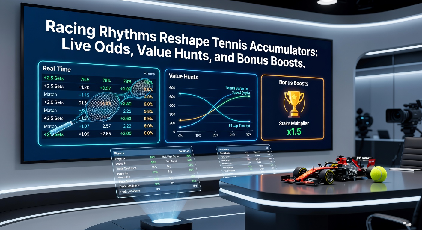 Close-up of a betting interface displaying intertwined horse racing results and live tennis scores, with highlighted accumulator selections showing value odds spikes and bonus boost icons activating for enhanced returns