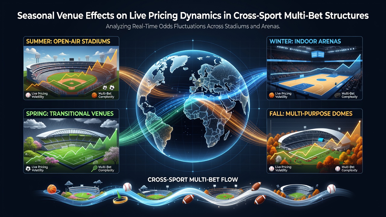 Stadium and court venues during different seasons showing crowd attendance and weather impacts on sports events
