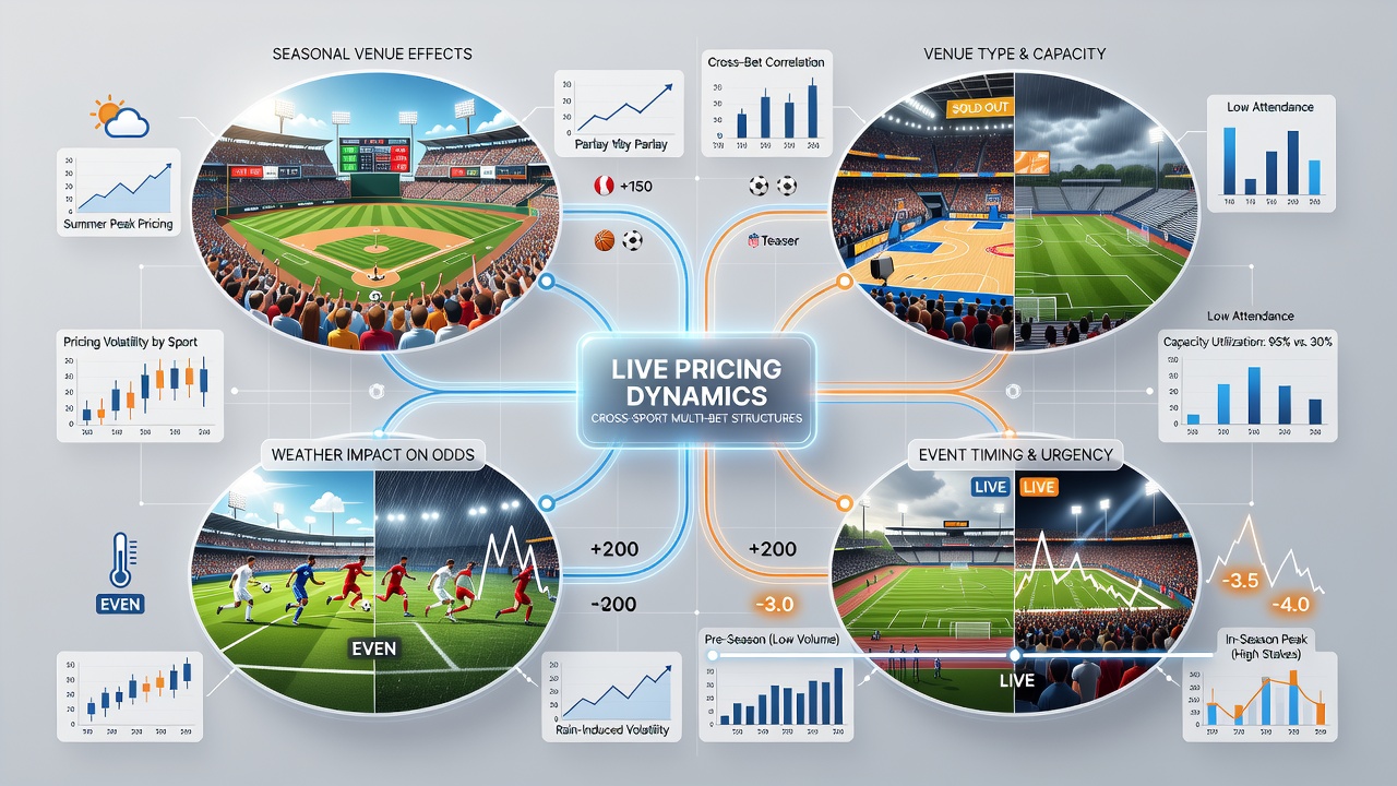 Live betting interface displaying cross-sport accumulator odds with venue and seasonal data overlays