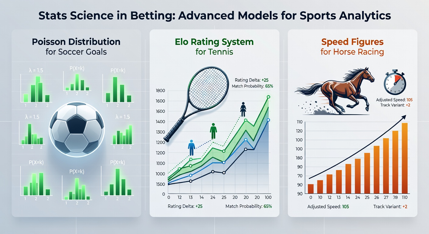Split infographic comparing Elo rating graphs for tennis players, Poisson goal probability tables for soccer, and speed figure charts from horse racing tracks