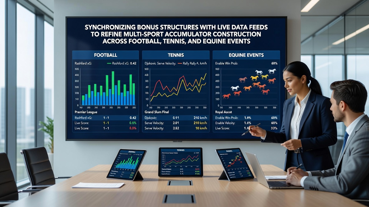 Diagram showing live data feeds connecting football, tennis, and equine events with bonus structures for accumulator refinement