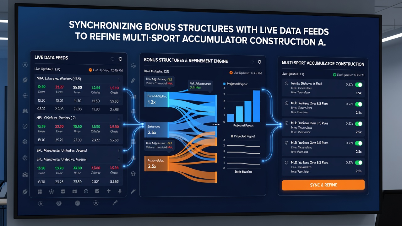 Screenshot of a multi-sport accumulator interface displaying synchronized live odds and bonus adjustments