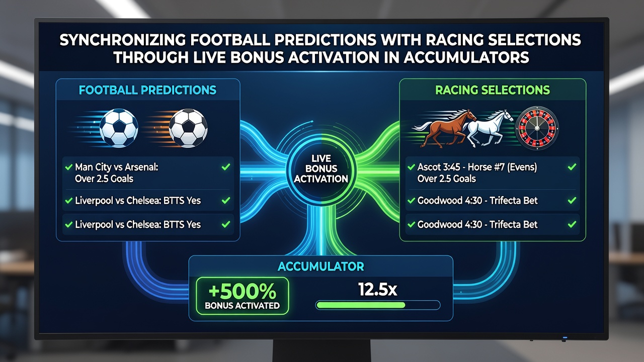 Illustration showing football and horse racing elements combined in an accumulator betting interface with live bonus indicators