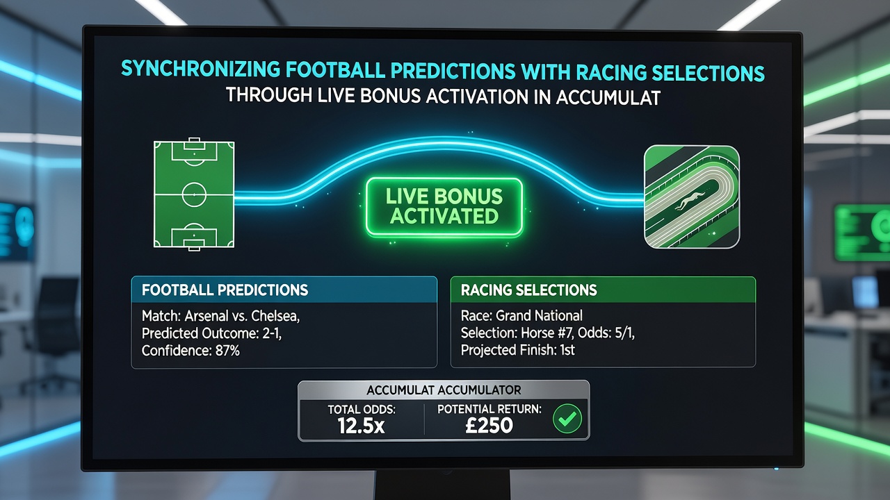 Screenshot of a live accumulator dashboard displaying synchronized football and racing selections with active bonus multiplier