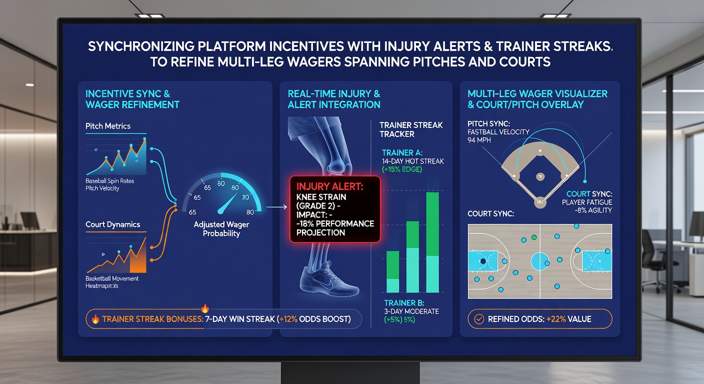 Sports betting interface showing synchronized injury alerts and trainer data for multi-leg wagers across football pitches and tennis courts
