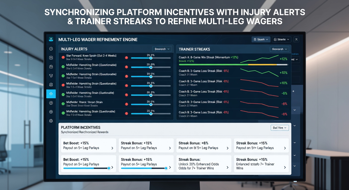 Data dashboard illustrating trainer streaks and injury alerts integrated into multi-leg betting strategies for pitches and courts