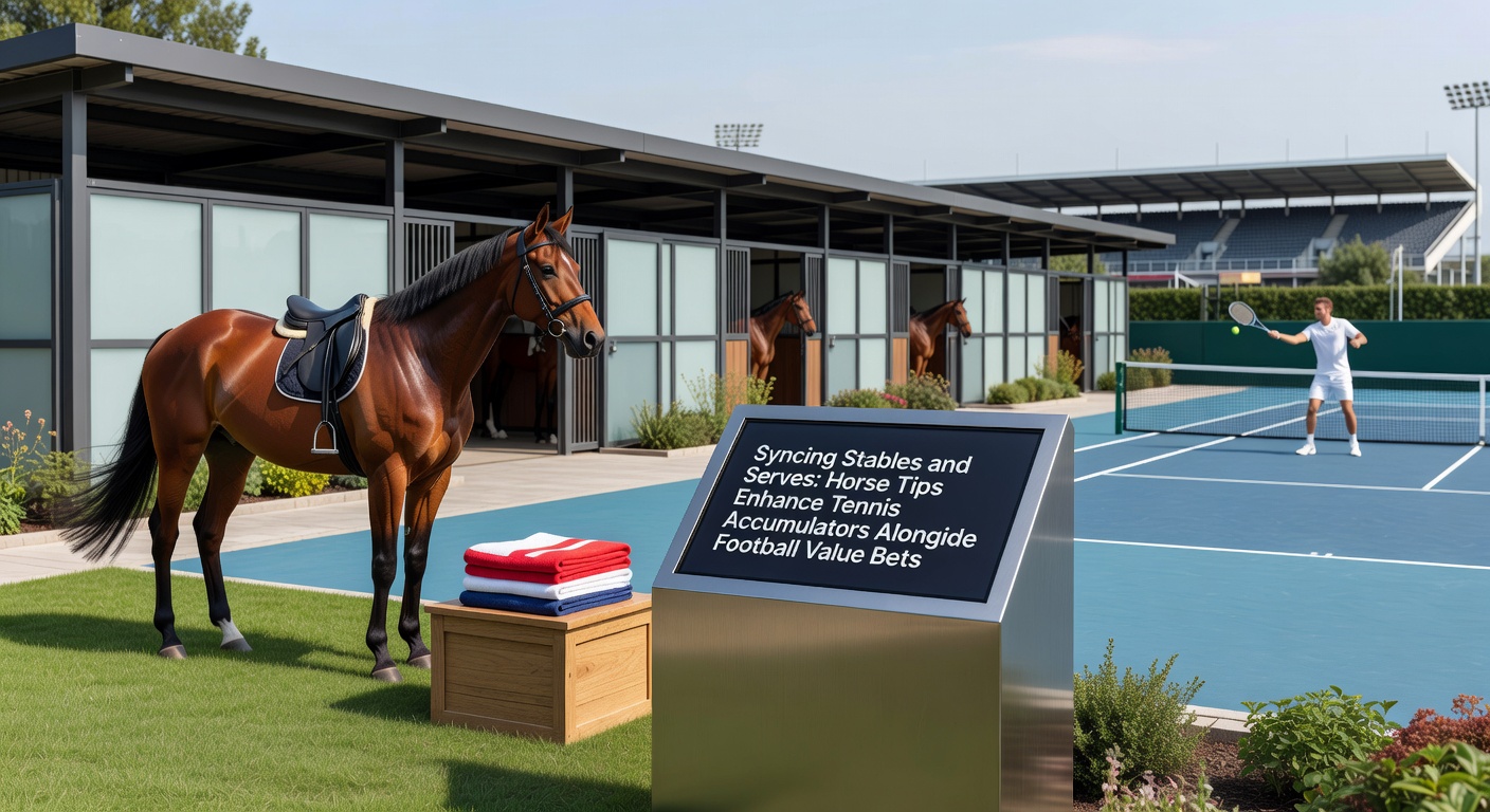 Dynamic scene blending horse racing tracks, tennis courts, and football pitches, symbolizing integrated betting strategies