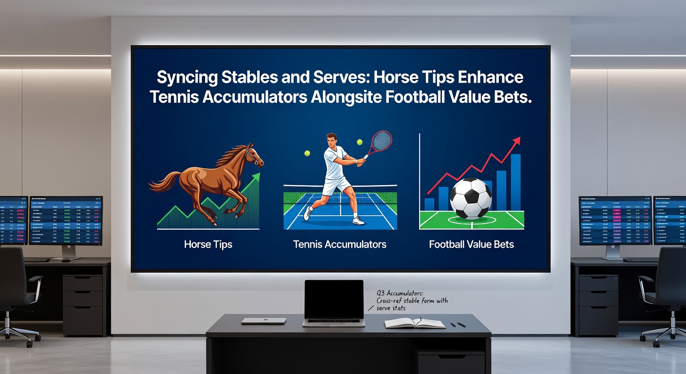 Close-up of a tennis serve merging with a galloping racehorse and football goal net, illustrating synced betting opportunities