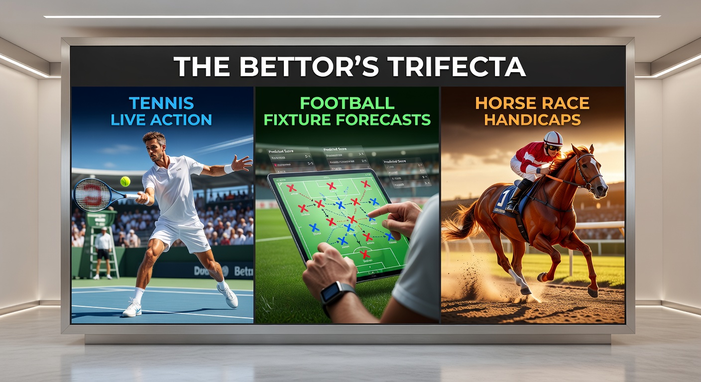 Dynamic scene of a tennis rally merging with football pitch action and horse racing start, symbolizing the trifecta bet strategy