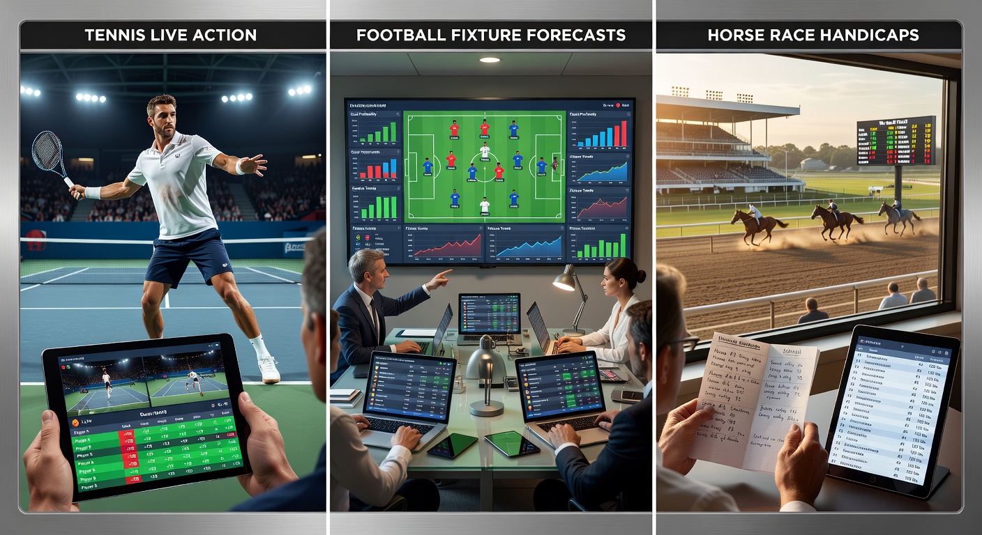 Close-up of horse racing handicap form sheet alongside tennis scoreboard and football stats dashboard, illustrating trifecta analysis tools