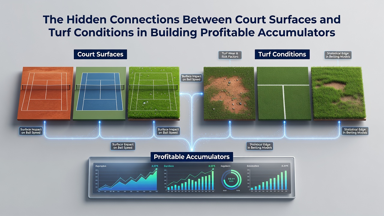 Tennis court surface close-up alongside horse racing turf track showing varied textures and conditions