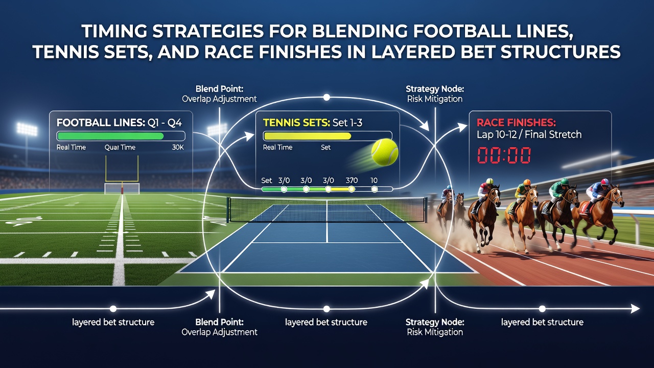 Illustration of layered bet slip with timing markers for football, tennis, and racing events