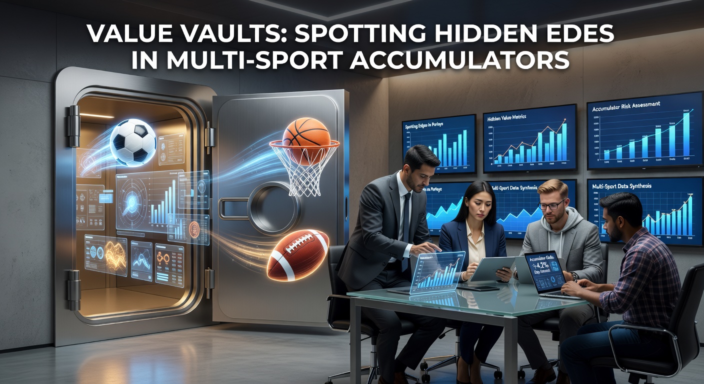 Digital graphic showing interconnected sports icons like basketball, soccer, and tennis forming a vault of golden betting slips, symbolizing hidden value in accumulators